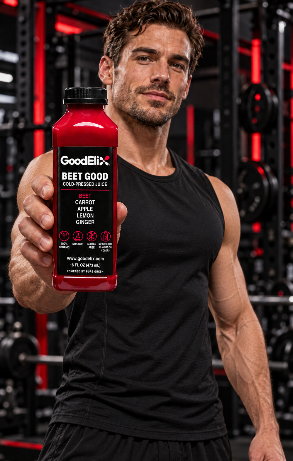 An active adult holding a BEET GOOD bottle after a workout