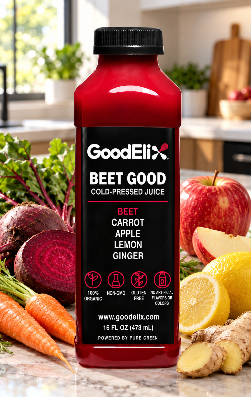 BEET GOOD bottle surrounded by beet, apple, carrot, lemon and ginger in a sunlit kitchen